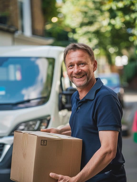 man wearing dark blue polo shirt lifting a box, there is a white van in the background
