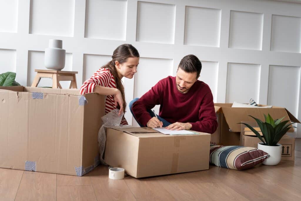 A young couple preparing for the house relocation in the concept of 'How to Plan and Prepare for Home Removals'.